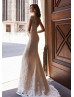 Beaded Cap Sleeves Lace Wedding Dress With Detachable Train